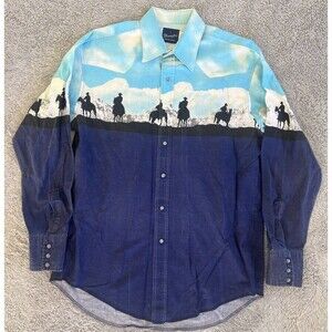 Wrangler Brushpopper Vintage Pearl Snap Shirt Cowboy Blue Sky Graphic Large